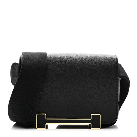 HERMES black leather crossbody bag with flap and gold-tone front clasp