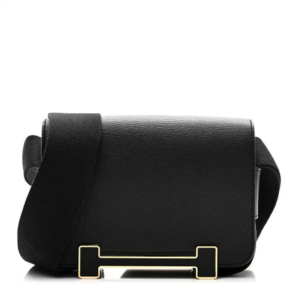 HERMES black leather crossbody bag with flap and gold-tone front clasp