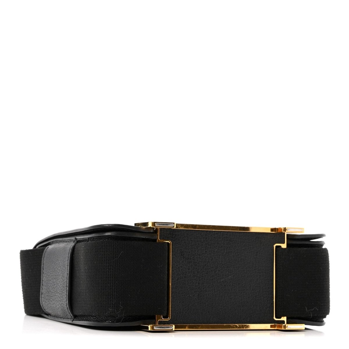Black leather crossbody bag base view with gold-tone clasp hardware