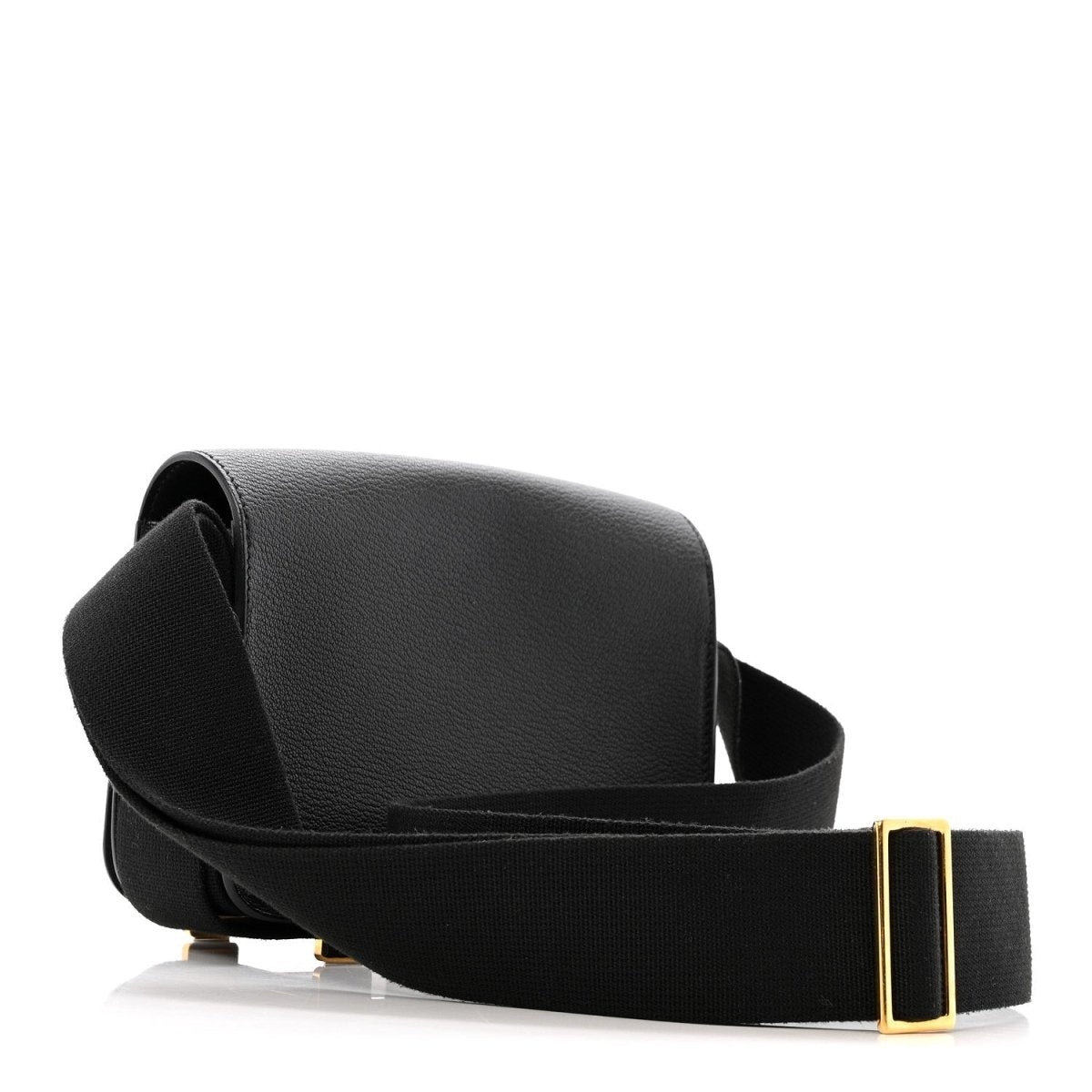 Black leather crossbody bag with wide strap and gold-tone hardware
