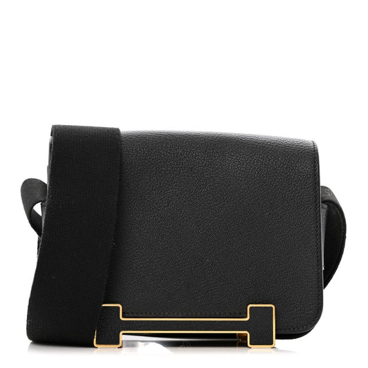 Black leather crossbody messenger bag with gold-tone front clasp