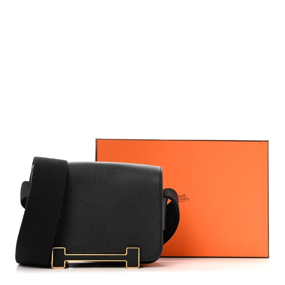 Black leather crossbody messenger bag with gold-tone buckle front