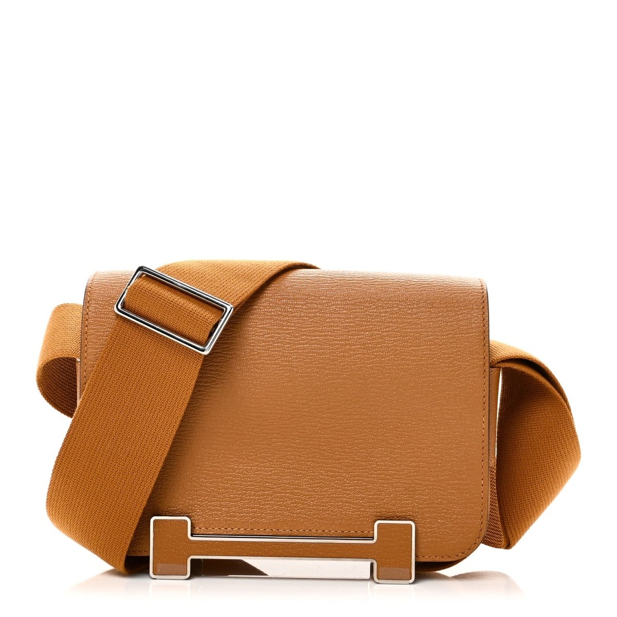 Caramel leather messenger bag with adjustable fabric shoulder strap and metal buckle closure