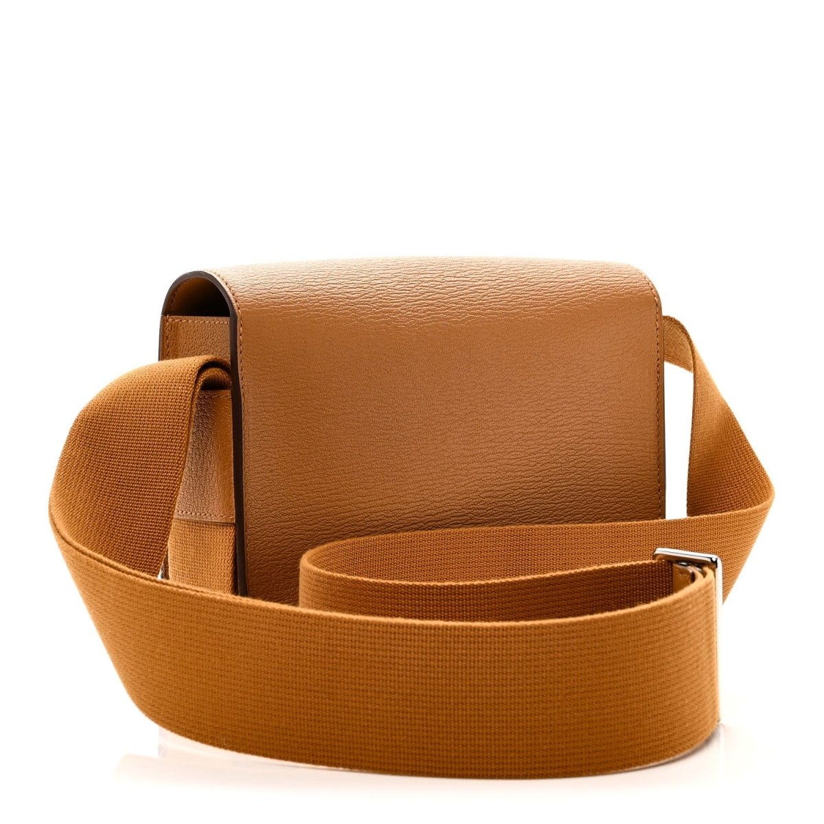 Caramel leather messenger bag with front flap and wide webbing strap, side view
