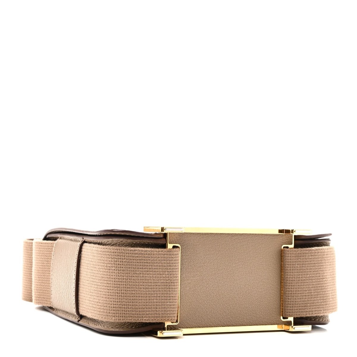 Taupe messenger bag with front flap, wide canvas strap, and gold-tone hardware
