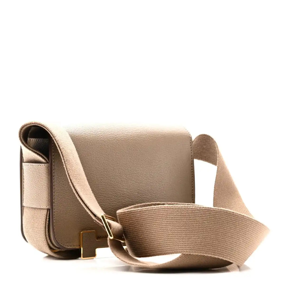 Taupe leather messenger bag with side profile, canvas strap, and gold-tone buckle