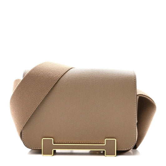 Leather messenger bag with front flap, taupe tone, gold clasp and canvas strap