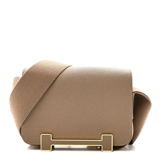 Leather messenger bag with front flap, taupe tone, gold clasp and canvas strap