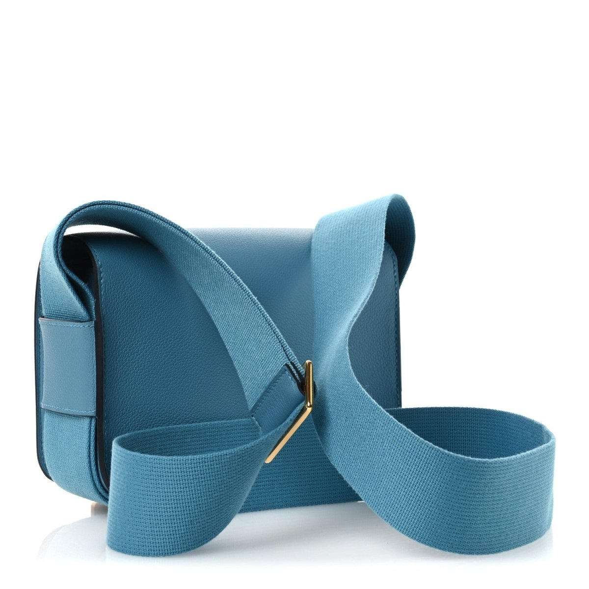 Blue leather crossbody bag with wide strap and gold-tone clasp at flap.
