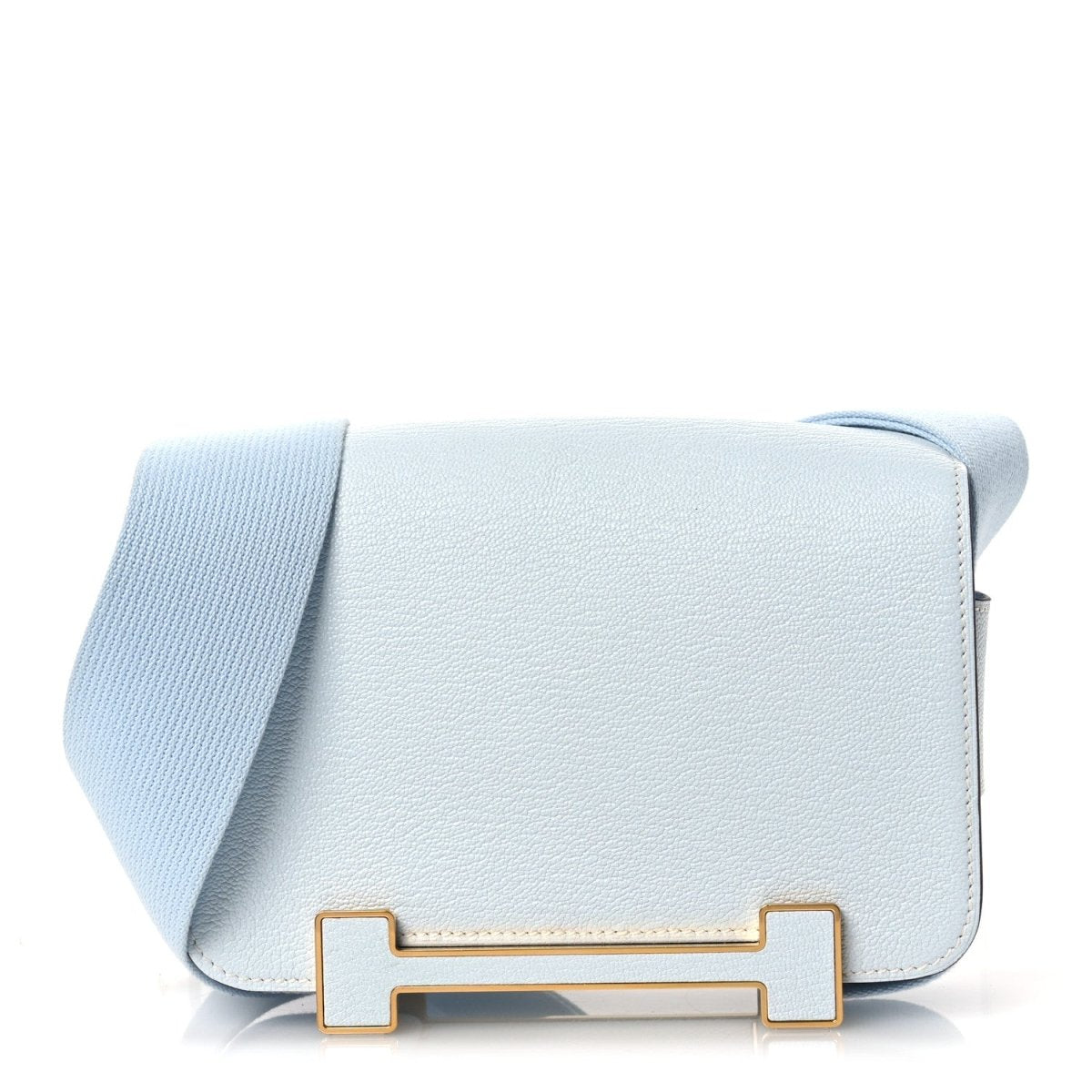Light blue leather crossbody bag with flap and gold-tone bar clasp