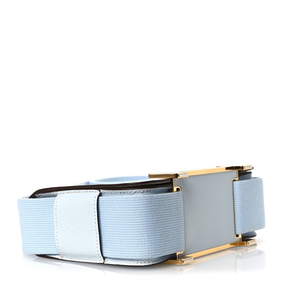 Light blue leather crossbody bag bottom corner with gold-tone hardware
