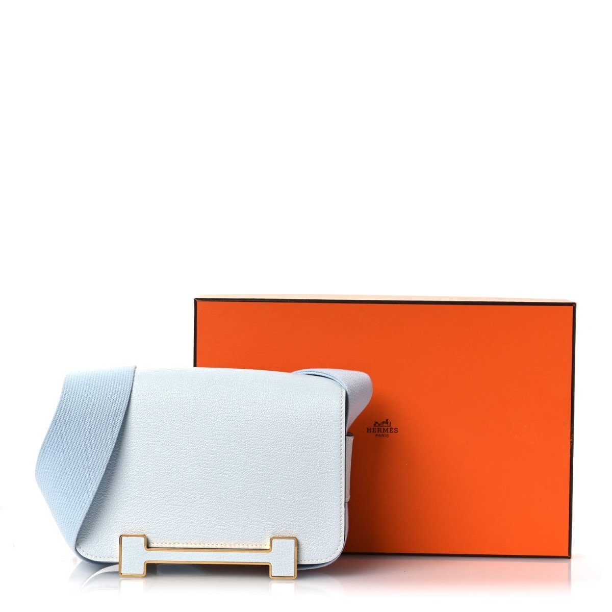 Leather crossbody bag with front flap and gold-tone clasp, light blue