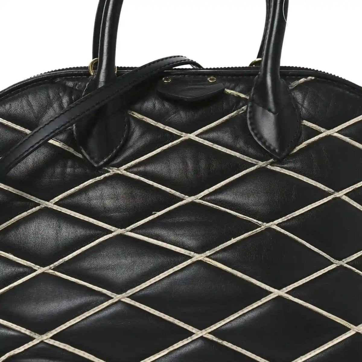 Black quilted lattice lambskin handbag with curved top handles