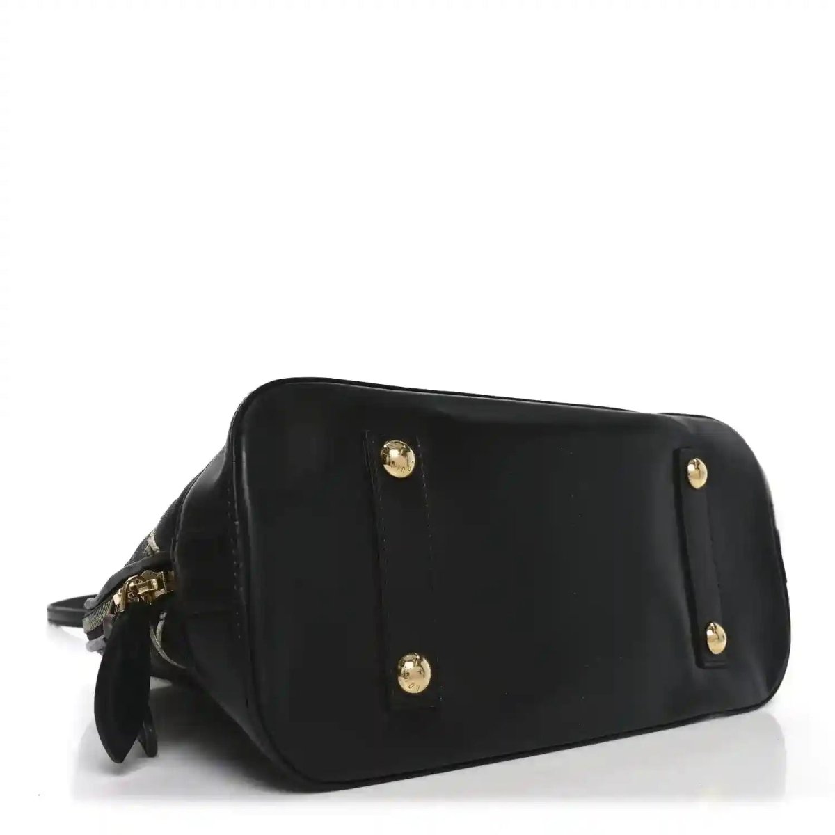 Black leather handbag, front panel with gold-tone stud accents and zipper