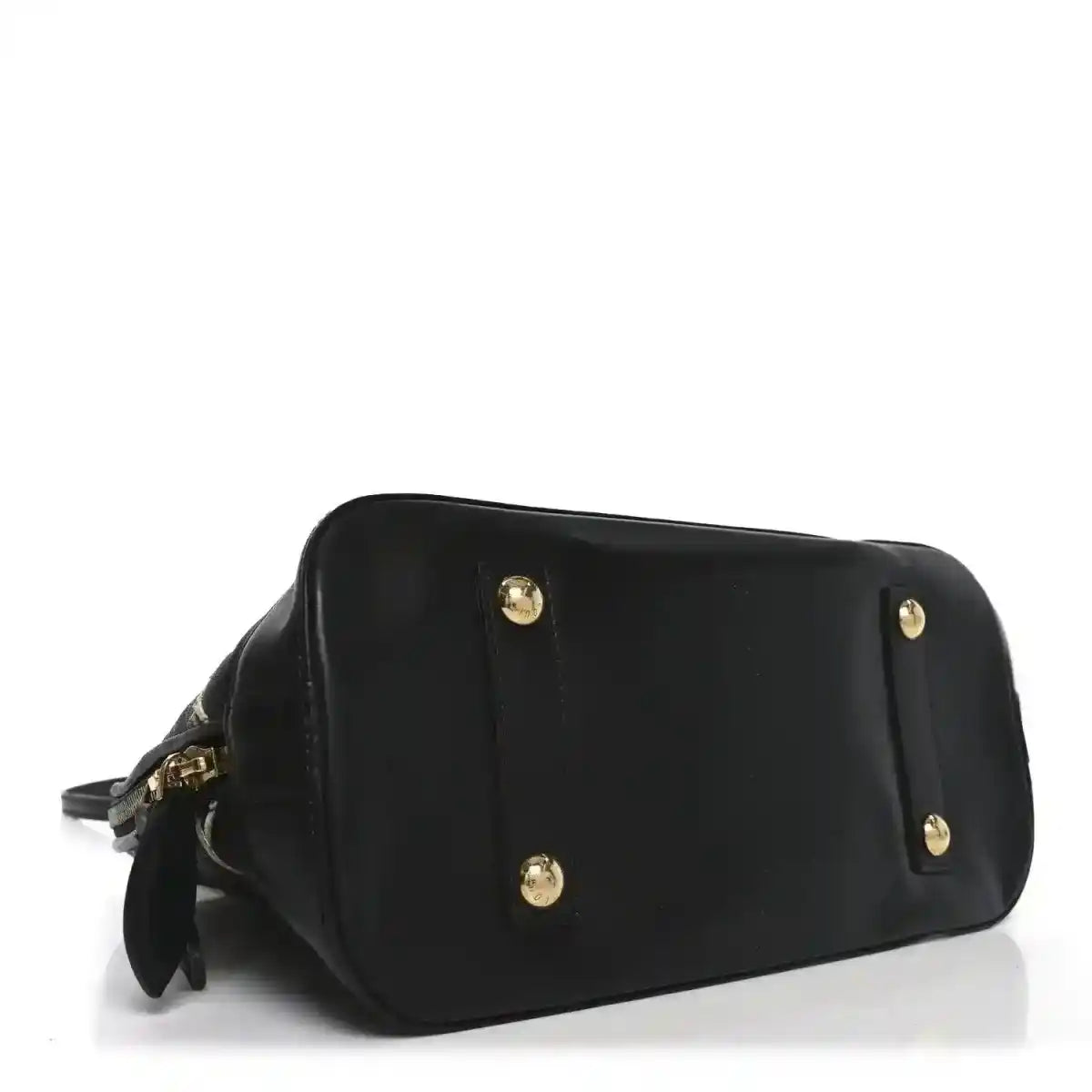 Black leather handbag, front panel with gold-tone stud accents and zipper