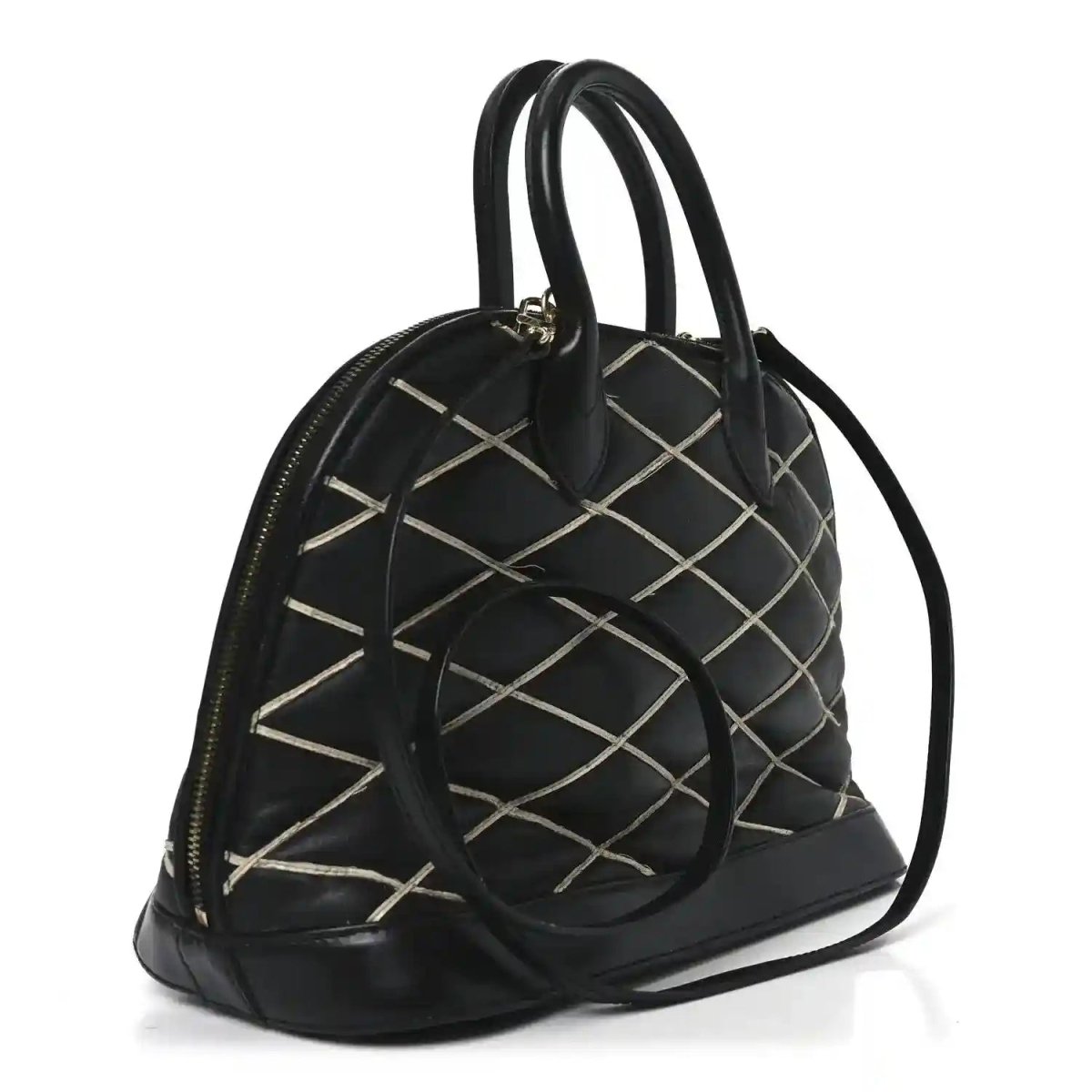 Black quilted handbag with rounded top, dual handles, gold-tone eyelets