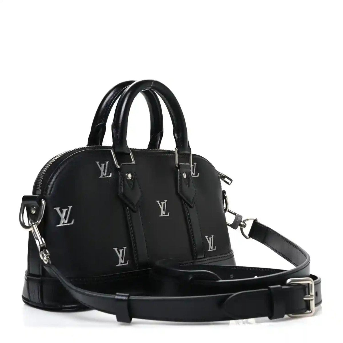 Black Louis Vuitton Alma monogram handbag with top handles and adjustable strap