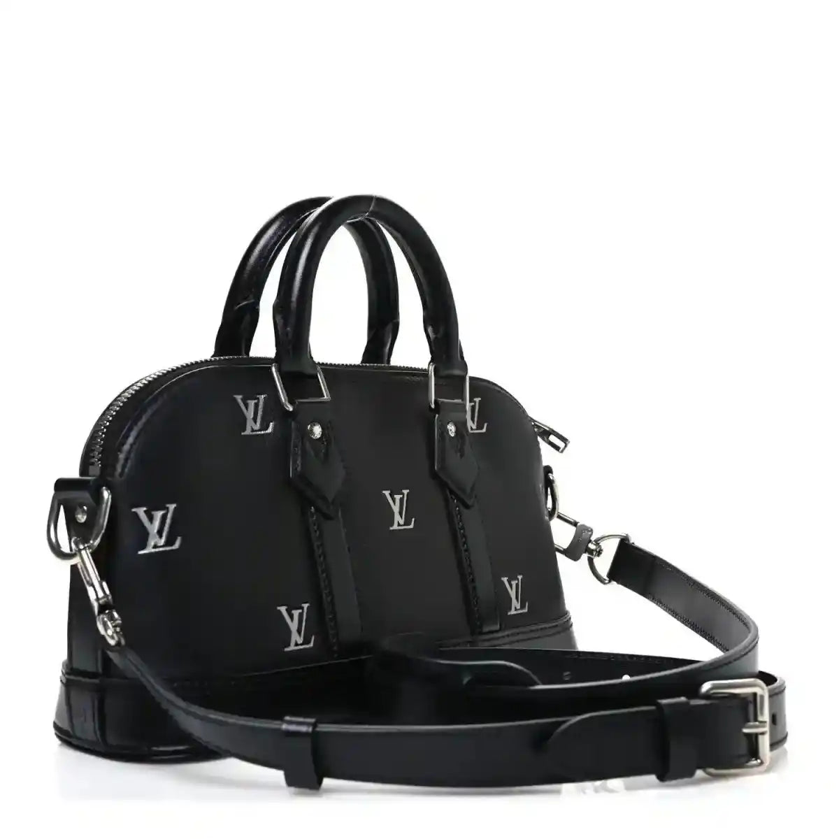 Black Louis Vuitton Alma monogram handbag with top handles and adjustable strap