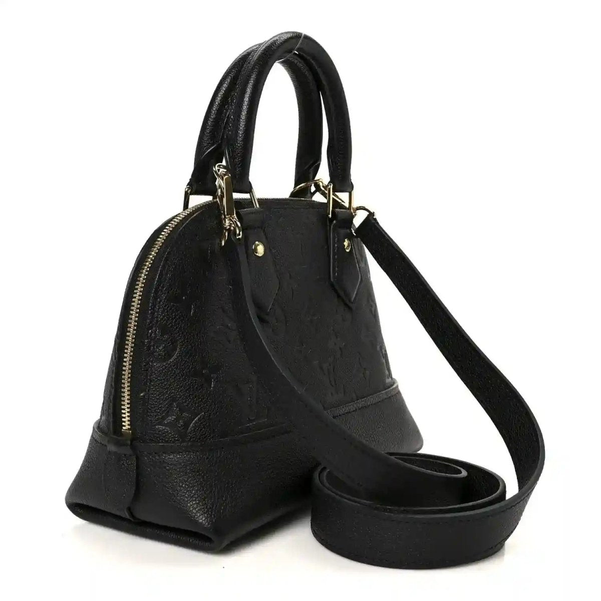 Black leather mini handbag with zip top, dual handles, and crossbody strap