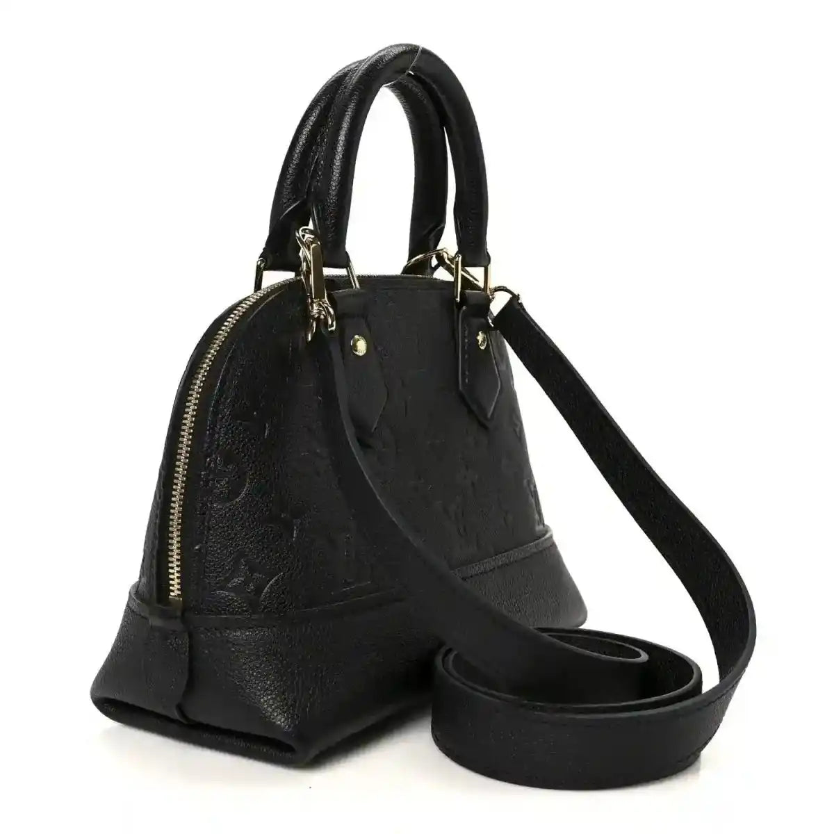 Black leather mini handbag with zip top, dual handles, and crossbody strap