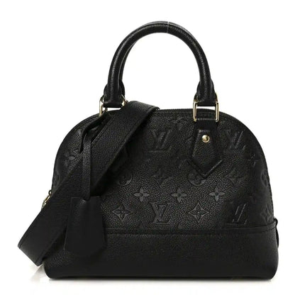 Black leather dome handbag with top handles and crossbody strap