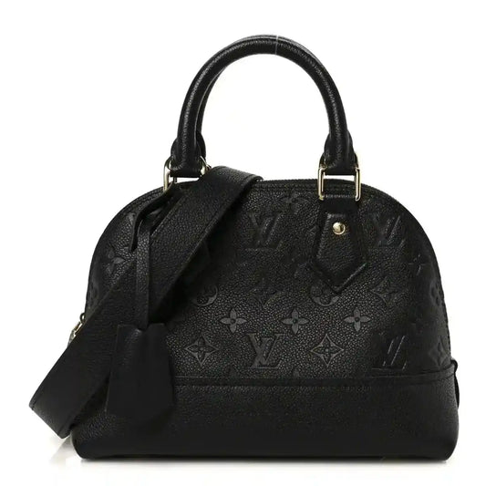 Black leather dome handbag with top handles and crossbody strap