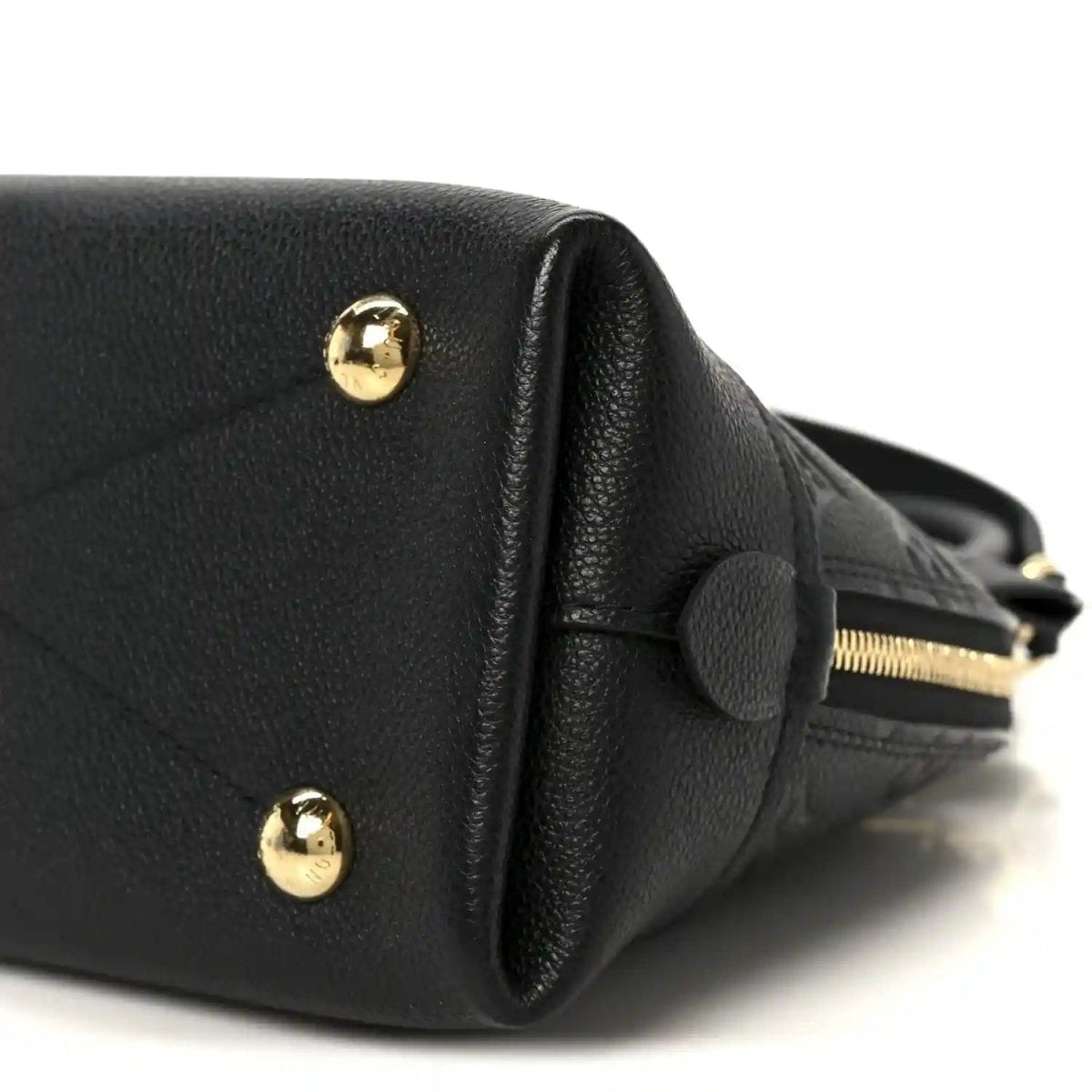Black leather handbag end with gold-tone studs and fabric strap loop