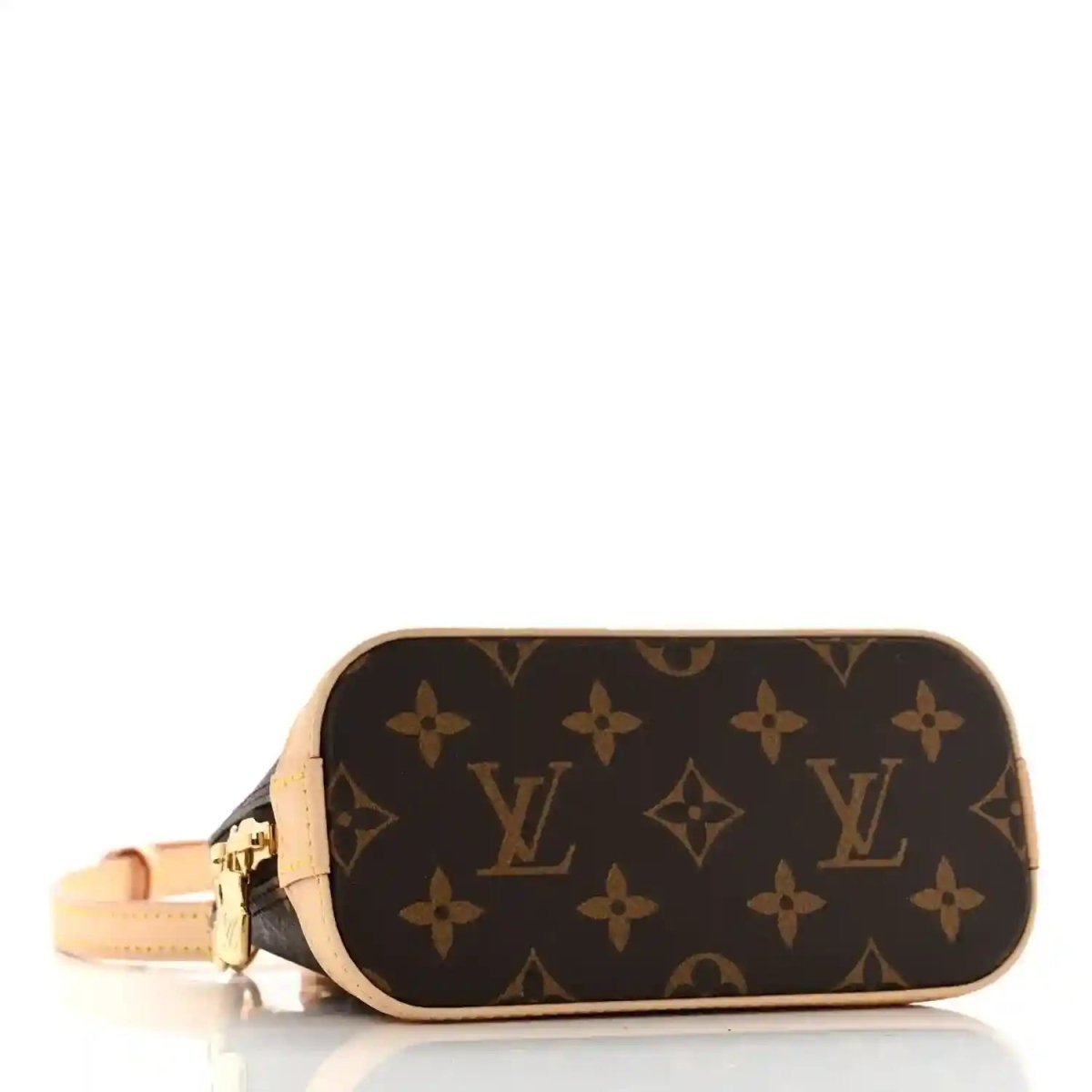 Mini pouch handbag with dark monogram canvas and tan strap, rounded top