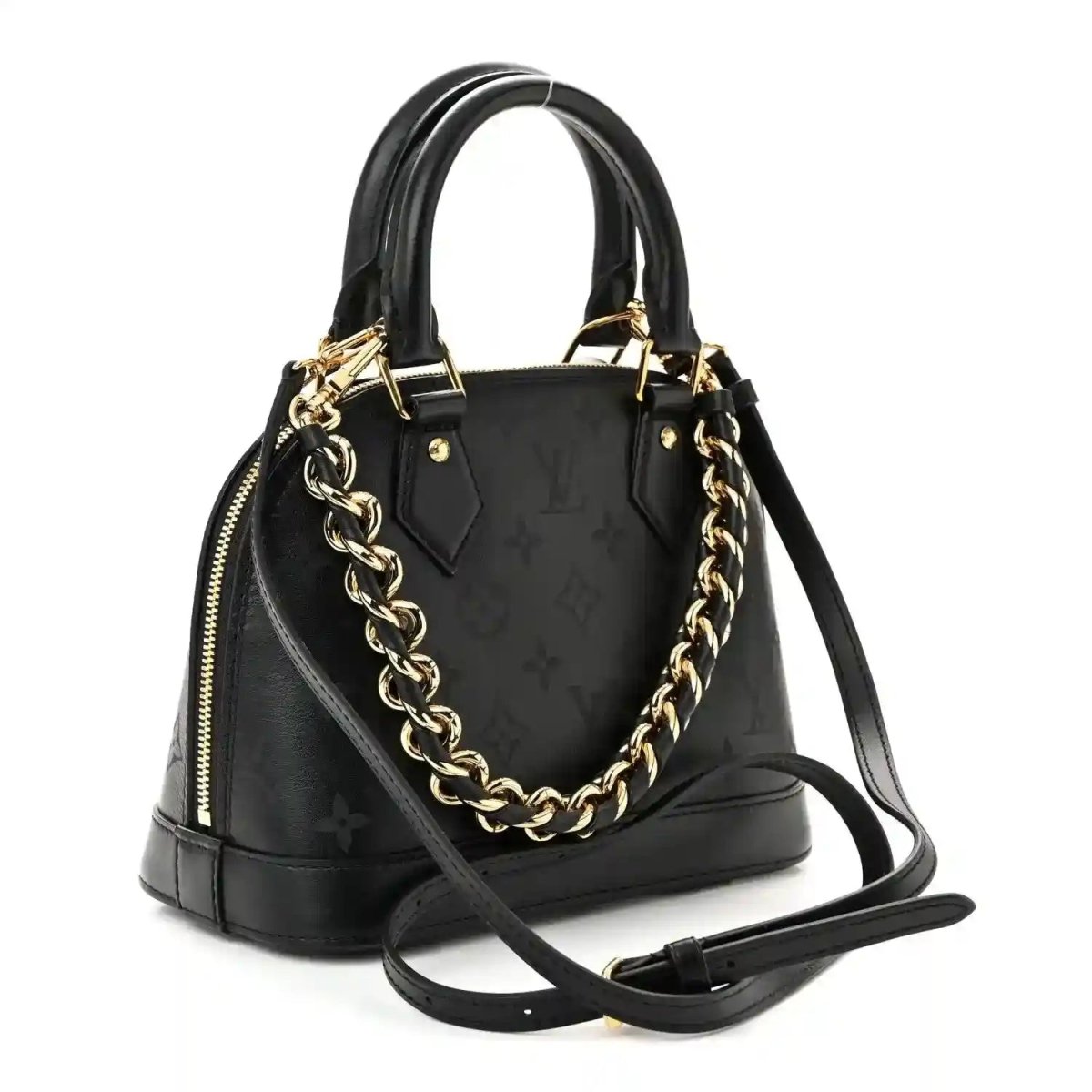 Louis Vuitton Alma BB handbag, black embossed monogram leather with gold chain strap