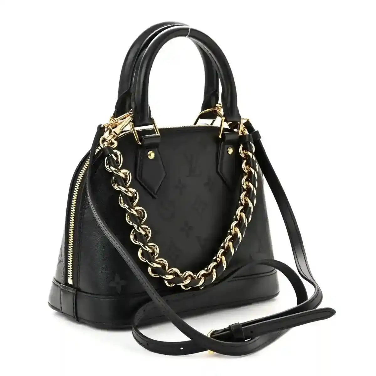 Louis Vuitton Alma BB handbag, black embossed monogram leather with gold chain strap