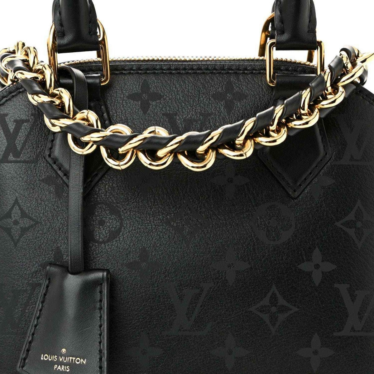 Louis Vuitton Alma BB handbag top view, black embossed monogram with gold chain detail