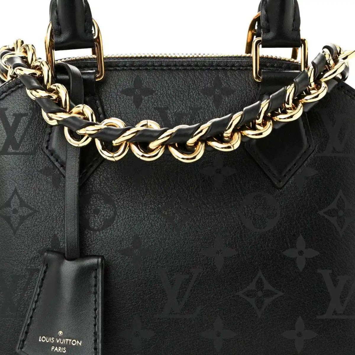 Louis Vuitton Alma BB handbag top view, black embossed monogram with gold chain detail