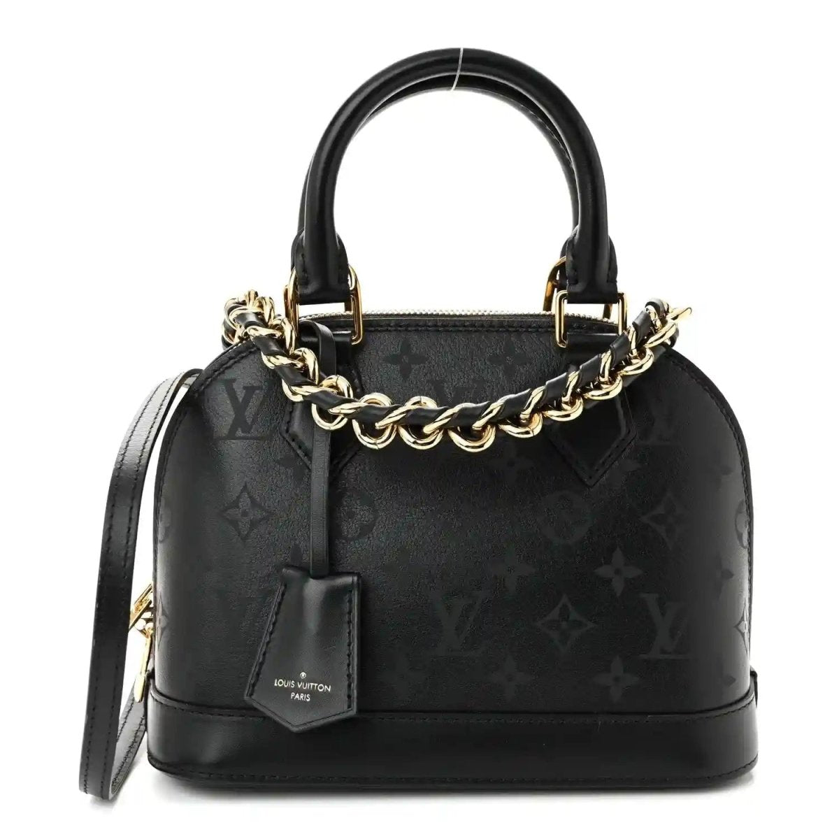 Louis Vuitton Alma BB handbag, black embossed calfskin with monogram pattern and gold chain