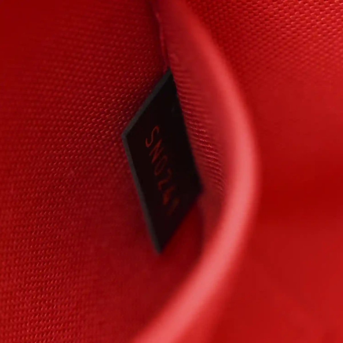 Small monogram tote close-up of red interior lining and a black fabric label tab