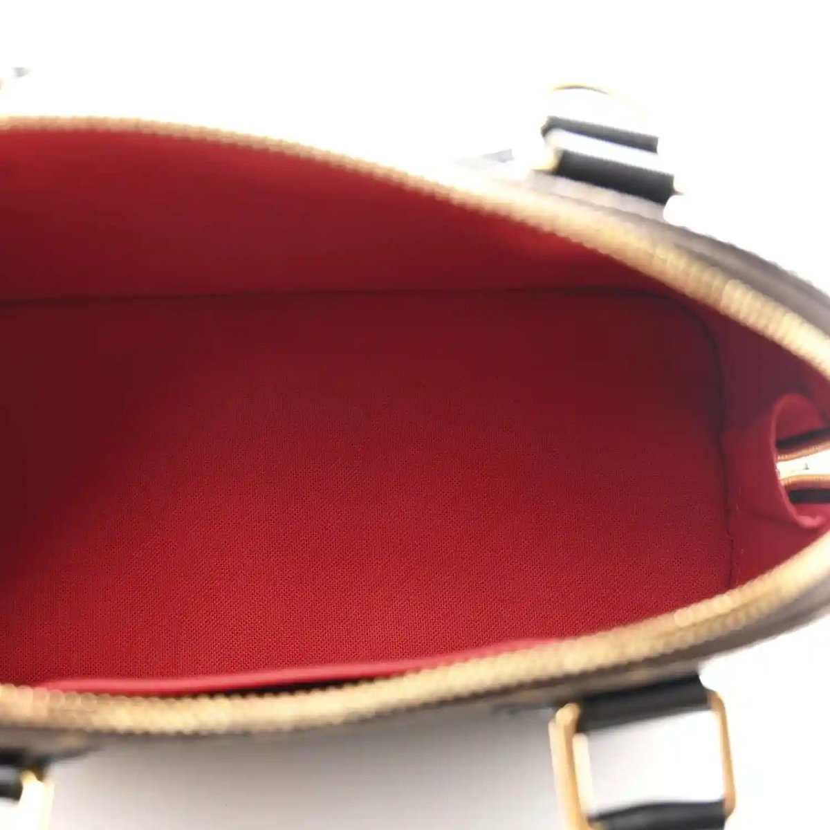 Small monogram tote interior with red lining and visible open top edge