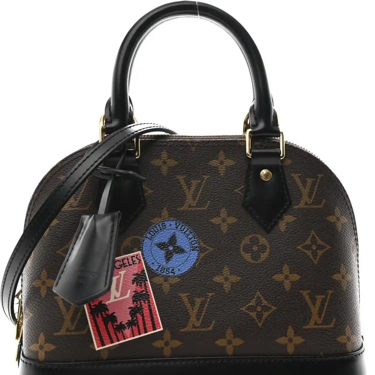 Small monogram tote front view with dark brown canvas, black handles, and gold hardware