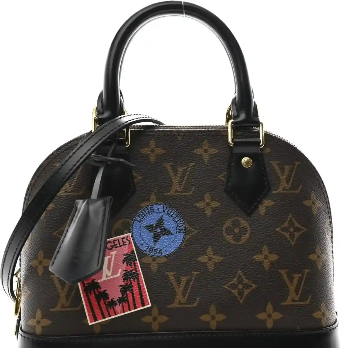 Small monogram tote front view with dark brown canvas, black handles, and gold hardware