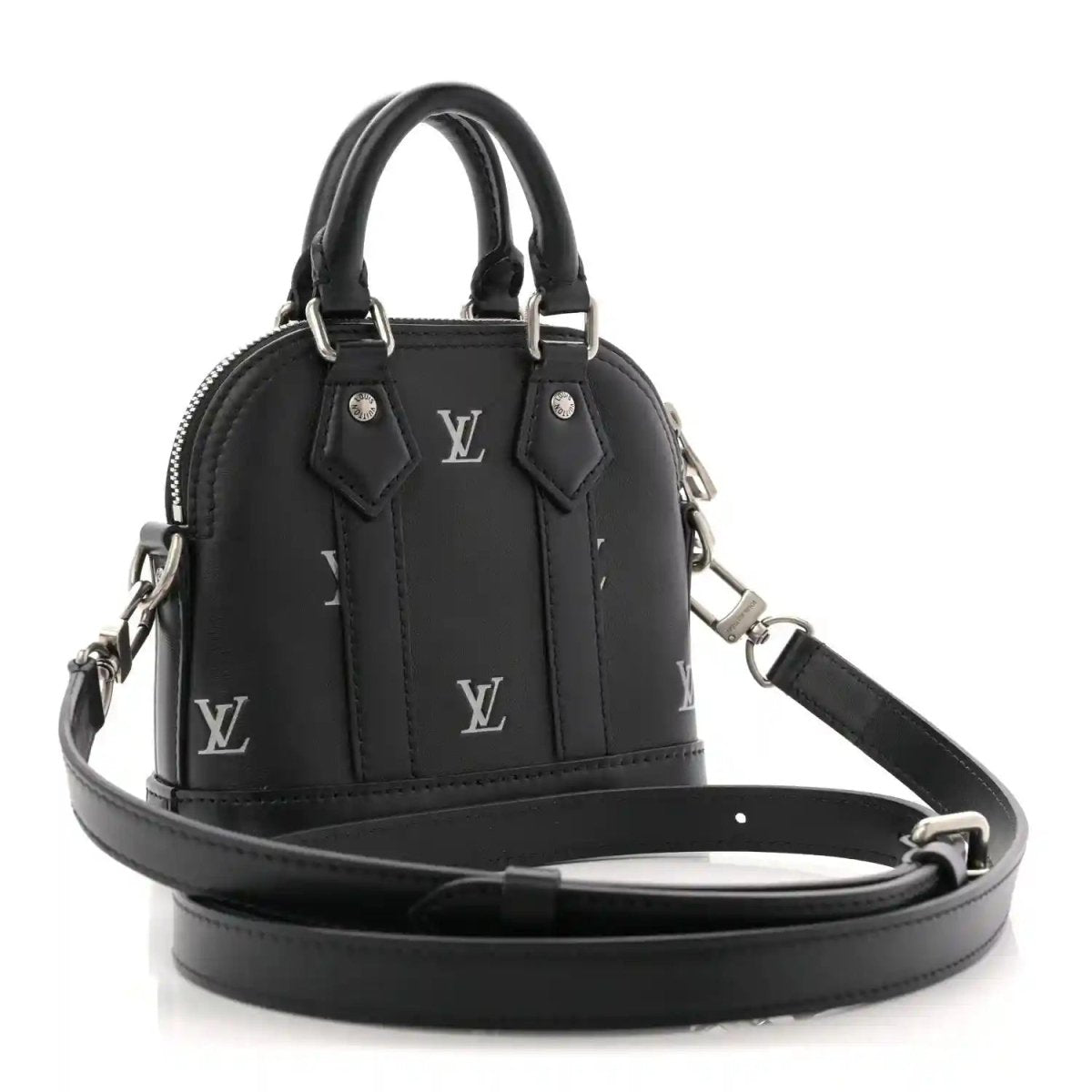 Louis Vuitton Nano Alma mini tote in black calfskin with crossbody strap and silver-tone details