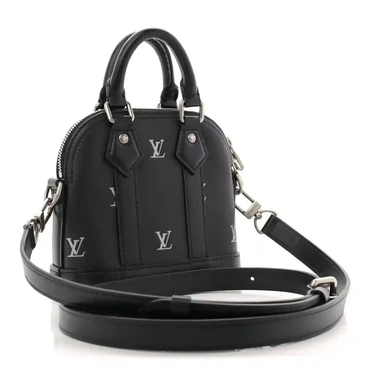 Louis Vuitton Nano Alma mini tote in black calfskin with crossbody strap and silver-tone details
