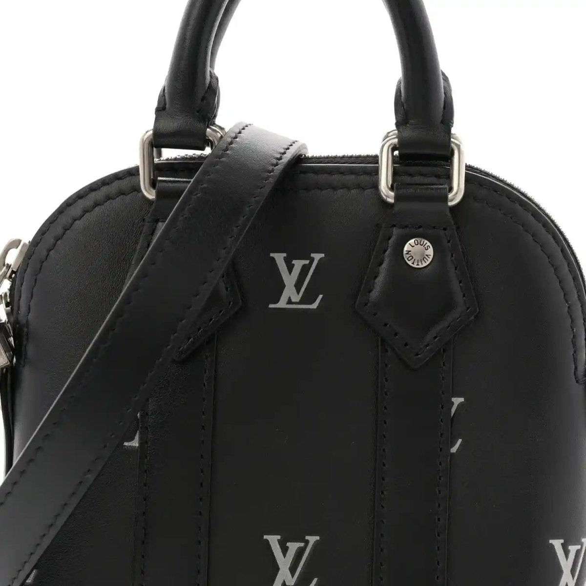 Louis Vuitton Nano Alma mini tote front close-up in black calfskin with LV emblem