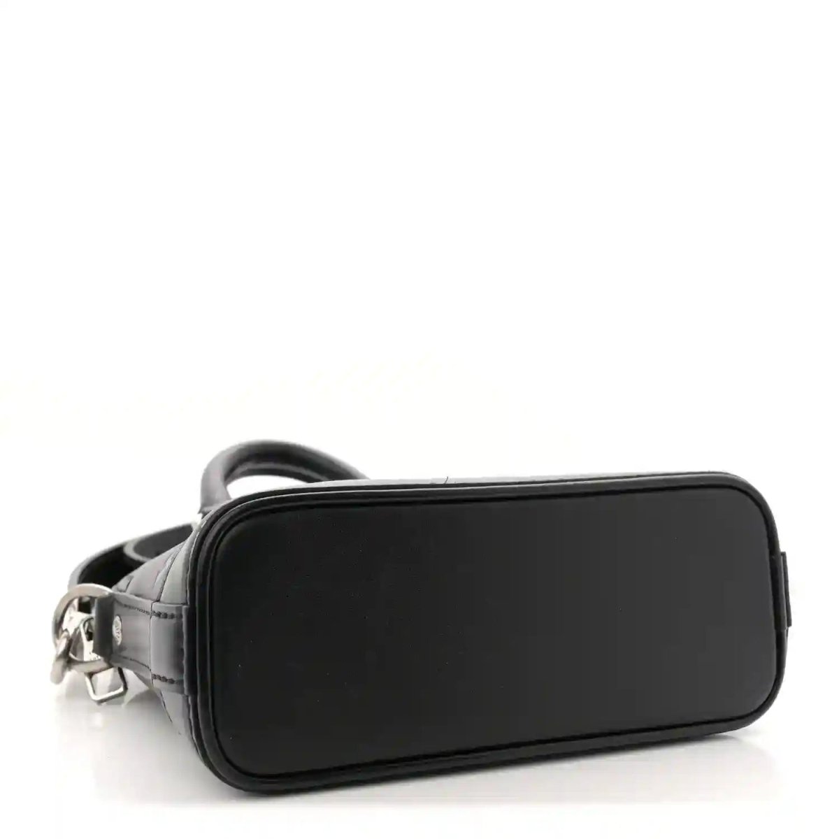 Louis Vuitton Nano Alma mini tote black calfskin front with rounded shape and zip exterior