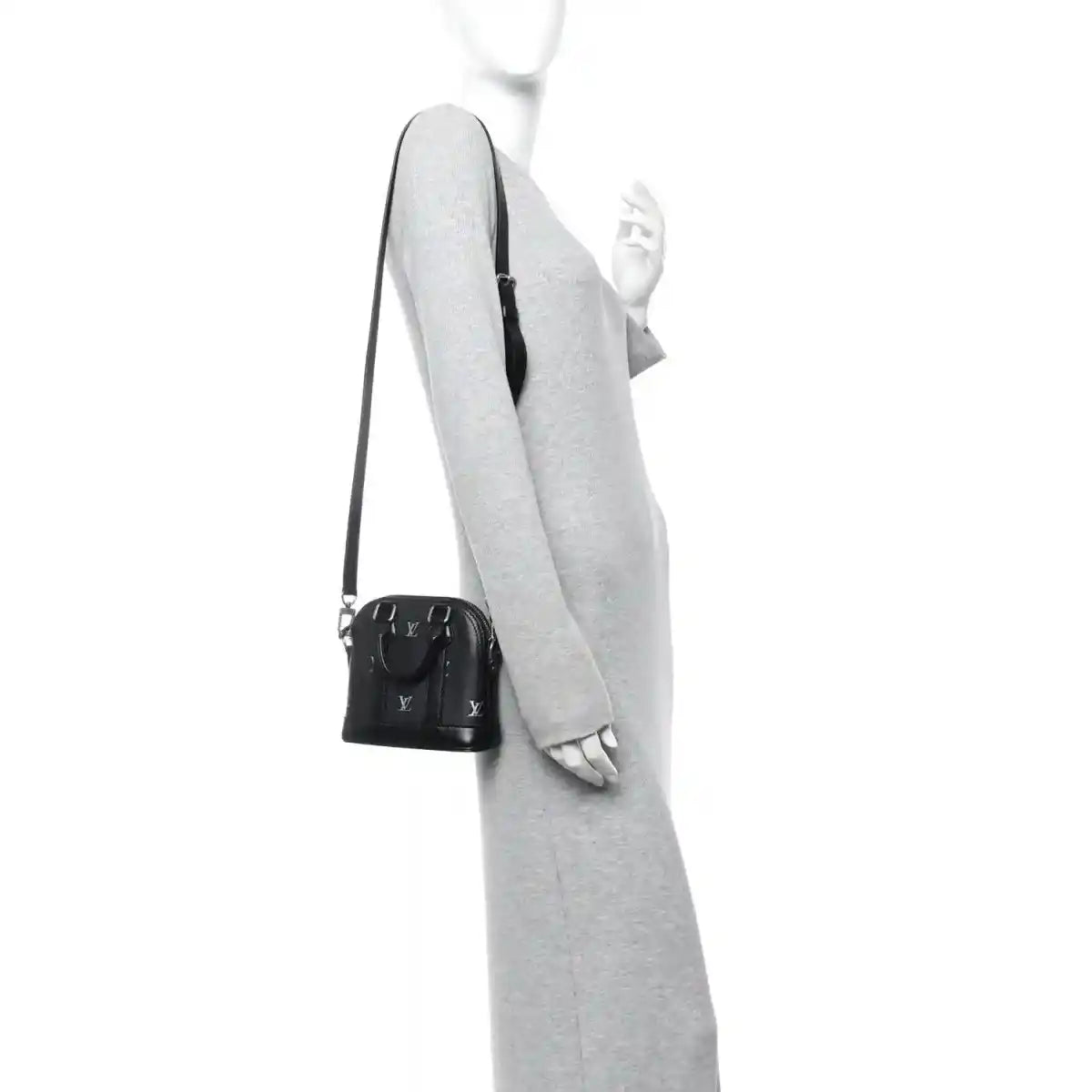 Louis Vuitton Nano Alma mini tote crossbody view in black calfskin with shoulder strap