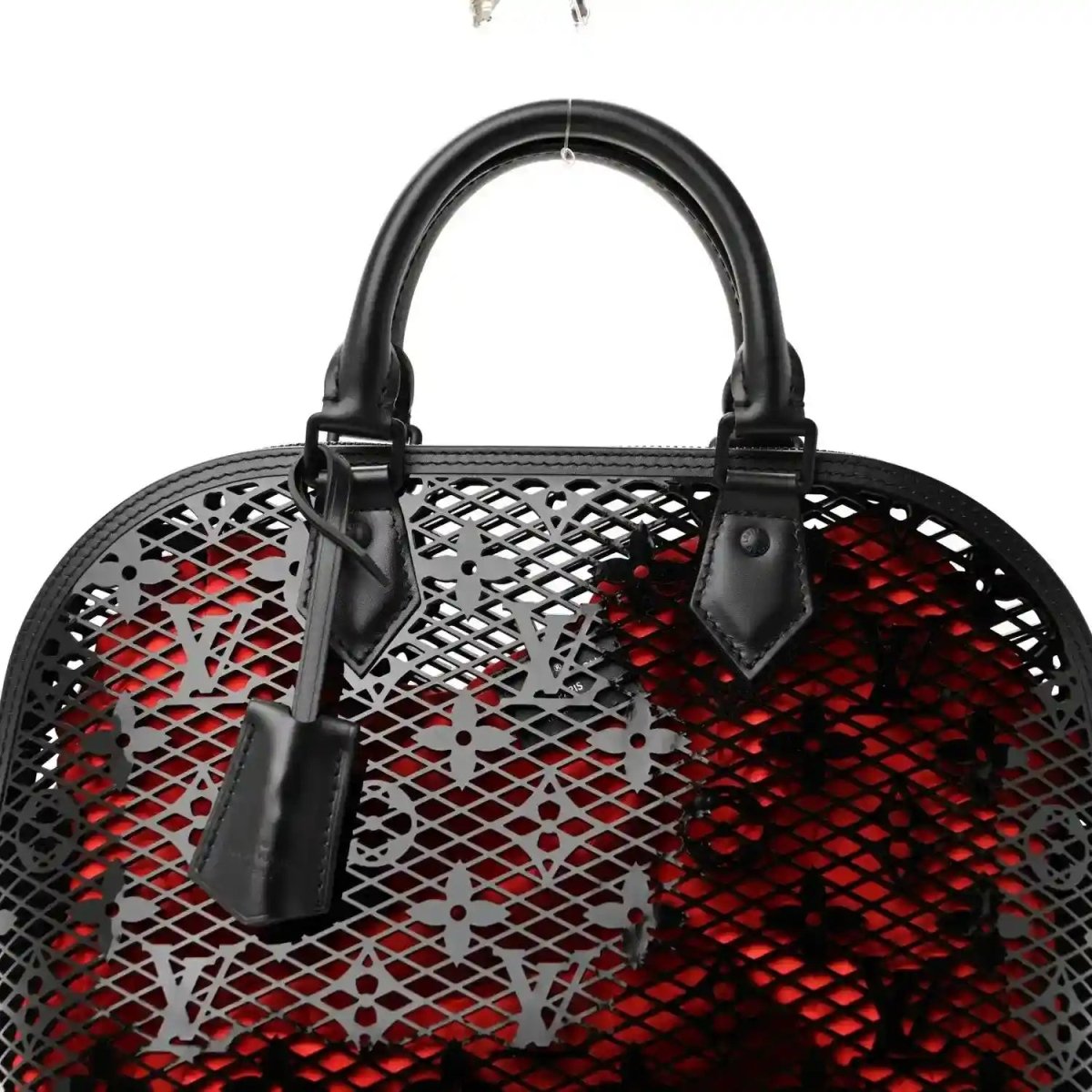 Black lattice monogram handbag with red interior and two top handles