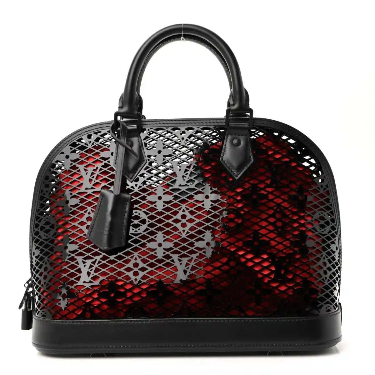 Black patent Alma PM handbag with laced monogram pattern and top handle straps