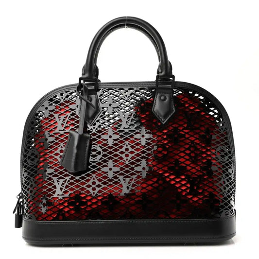 Black patent laced monogram Alma PM handbag with top handles and front strap detail