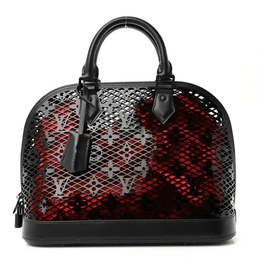 Black patent laced monogram Alma PM handbag with top handles and front strap detail