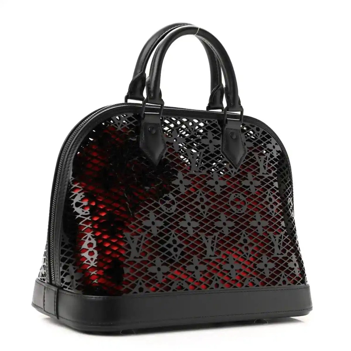 Black patent Alma PM handbag with laced monogram pattern and top handles