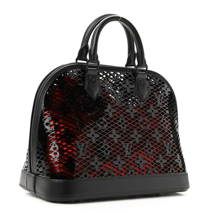 Black patent Alma PM handbag with laced monogram pattern and top handles