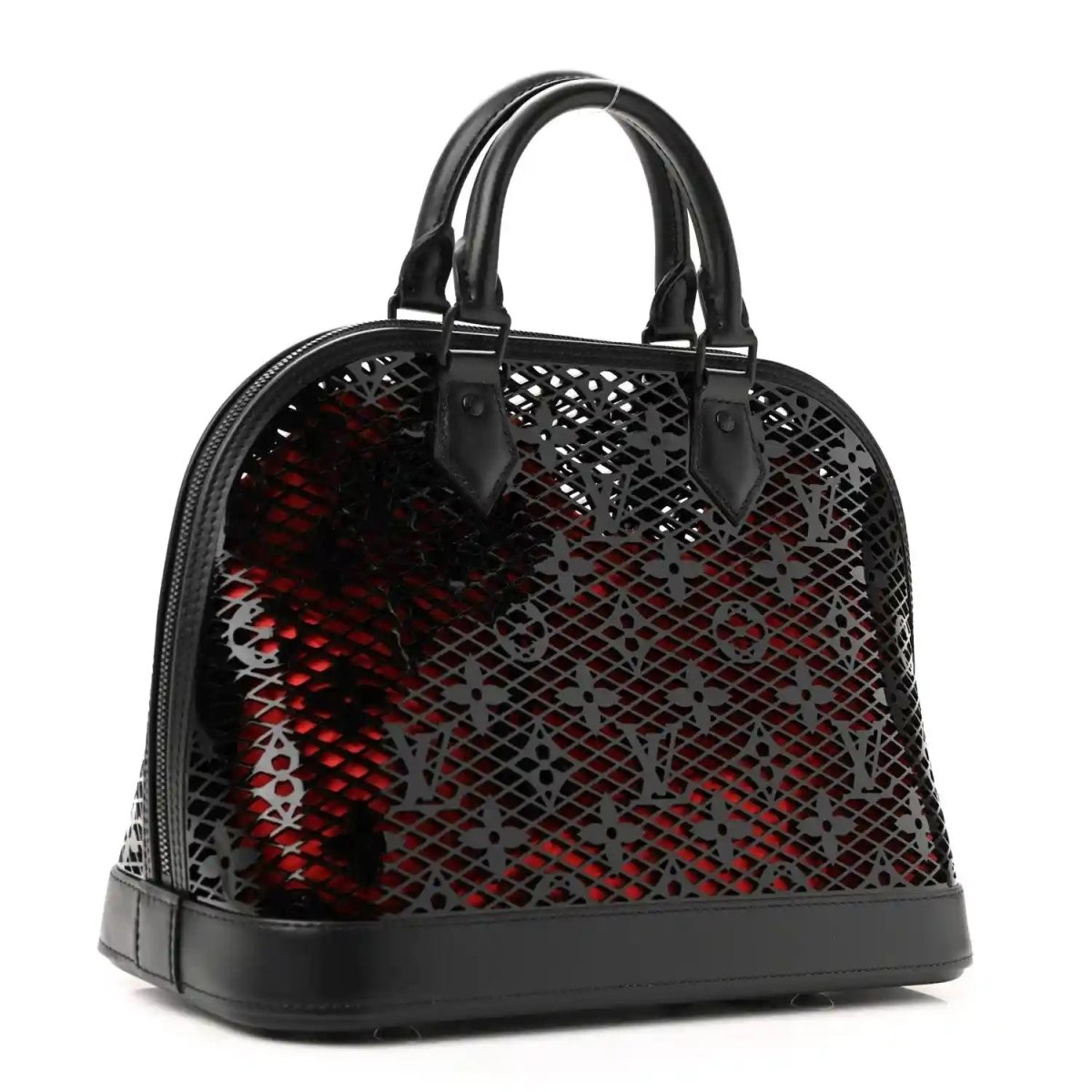 Black patent Alma PM handbag with laced monogram perforated design and top handles