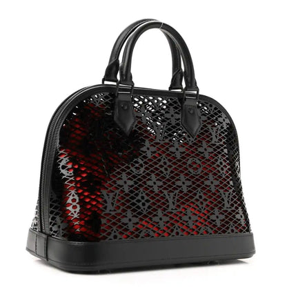 Black patent Alma PM handbag with laced monogram perforated design and top handles